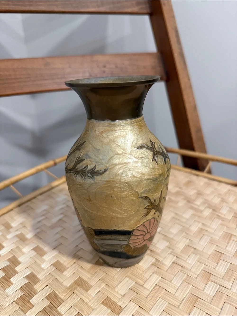 Decorative Gold Toned Floral Ceramic Vase with Coral Accents Brass  Boho